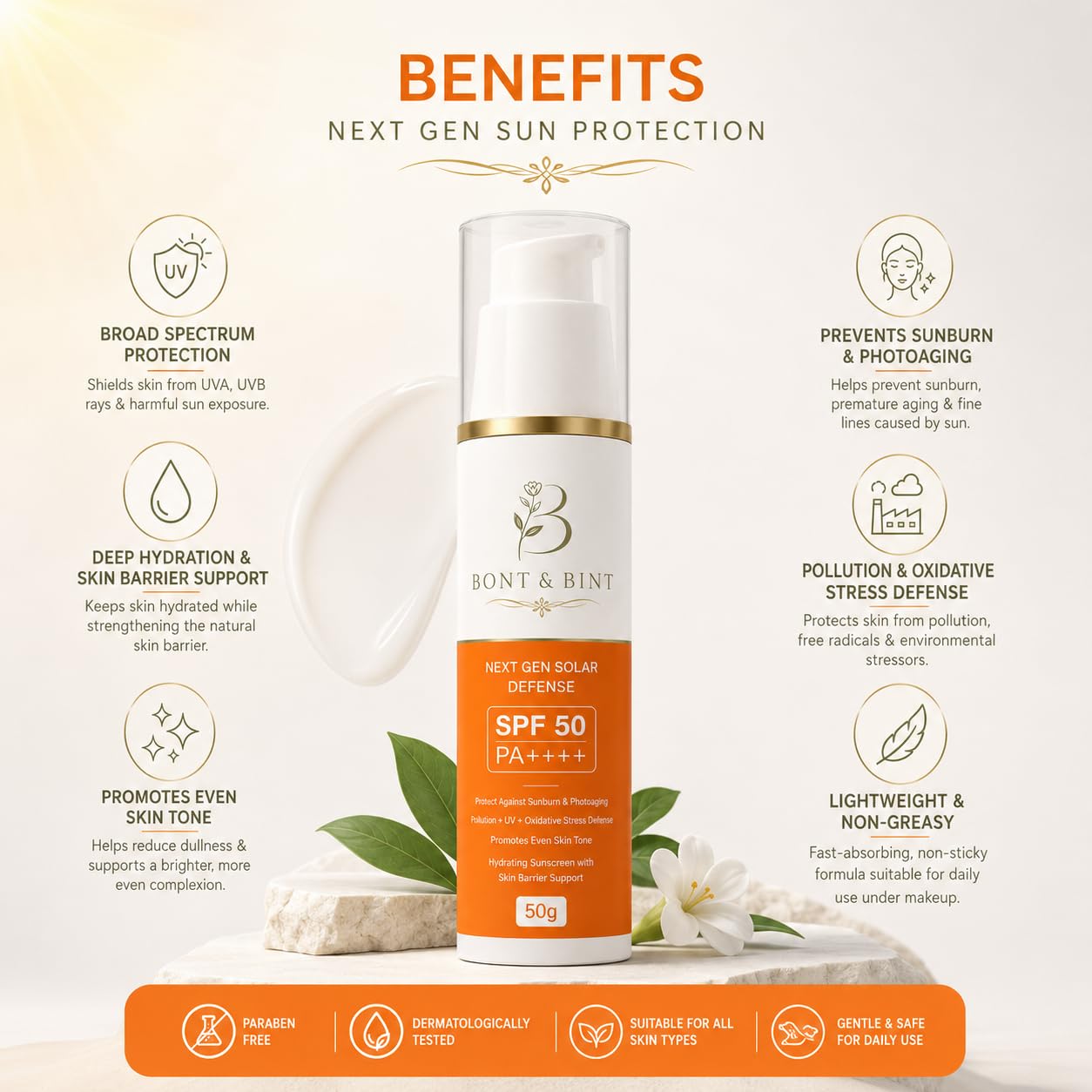 BONT & BINT SPF 50 PA++++ Sunscreen for Face & Body with Broad Spectrum UVA/UVB Protection, Lightweight Non-Greasy Formula for Daily Sun Care, 50g