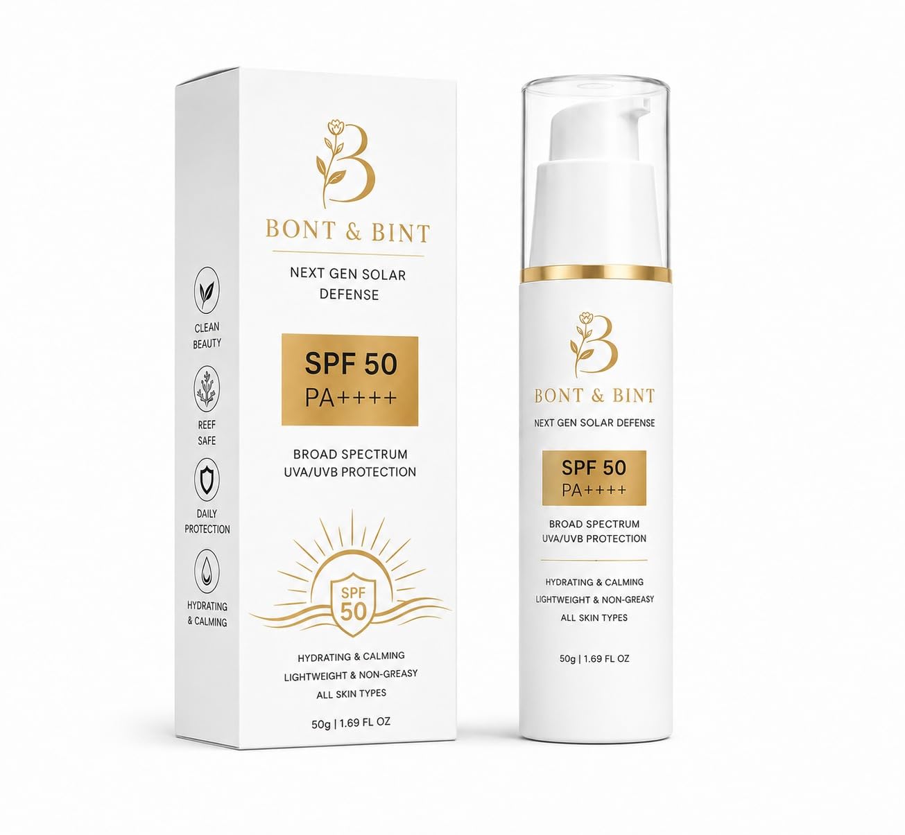 BONT & BINT SPF 50 PA++++ Sunscreen for Face & Body with Broad Spectrum UVA/UVB Protection, Lightweight Non-Greasy Formula for Daily Sun Care, 50g