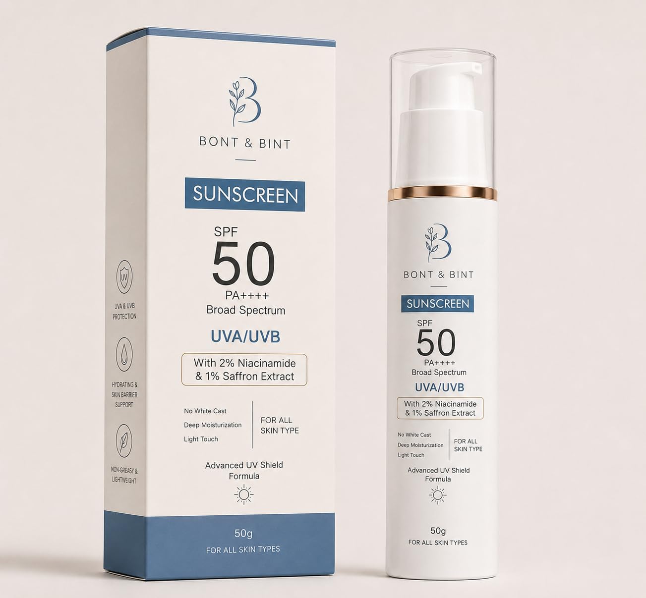 BONT & BINT Sunscreen SPF 50 PA++++ with 2% Niacinamide & 1% Saffron Extract | Broad Spectrum UVA/UVB Protection | Lightweight & Non-Greasy Formula | No White Cast | Daily Use Sunscreen for Men & Women (50g)