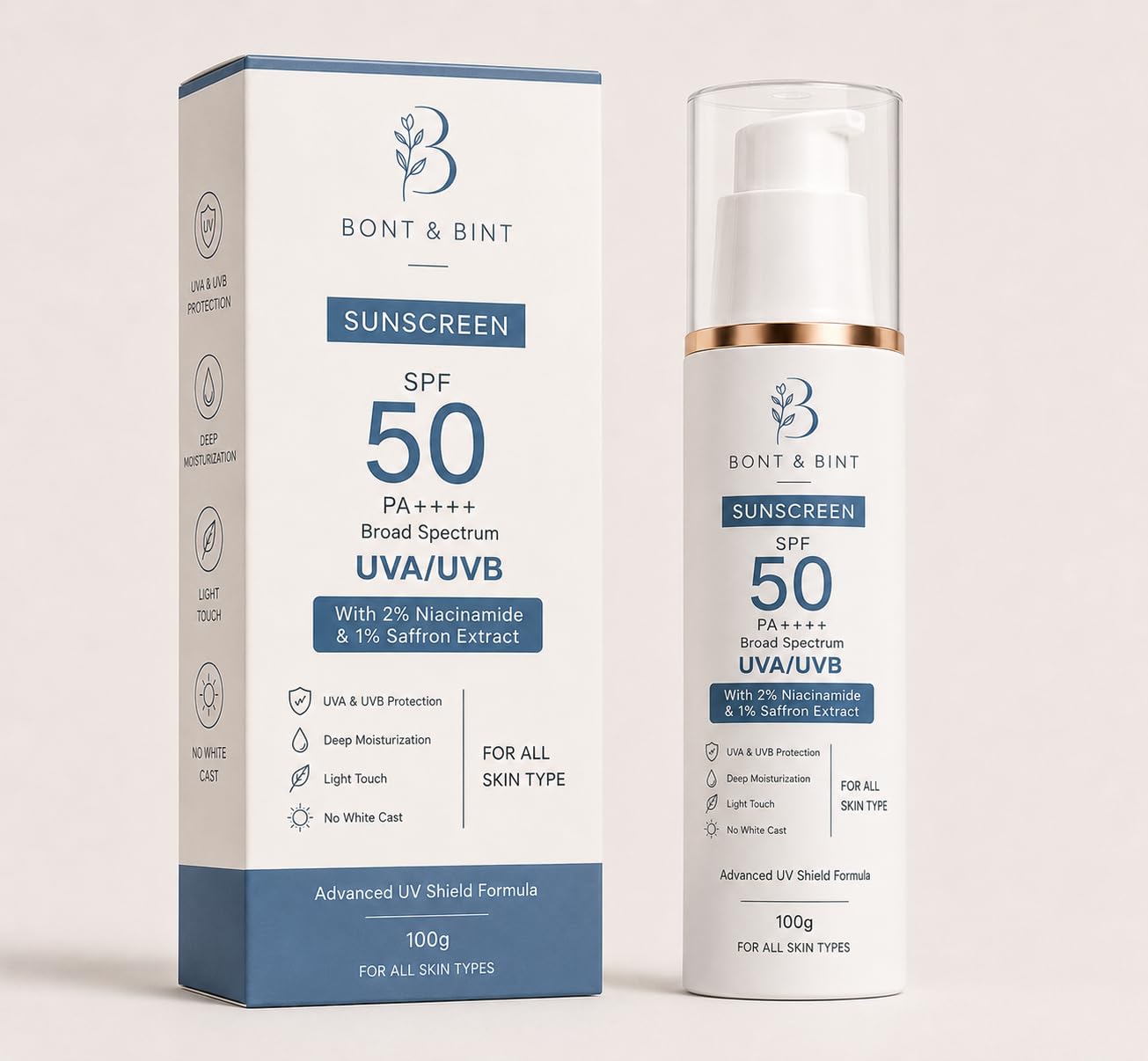 BONT & BINT Sunscreen SPF 50 PA++++ with 2% Niacinamide & 1% Saffron Extract | Broad Spectrum UVA/UVB Protection | Lightweight & Non-Greasy Formula | No White Cast | Daily Use Sunscreen for Men & Women (100g)