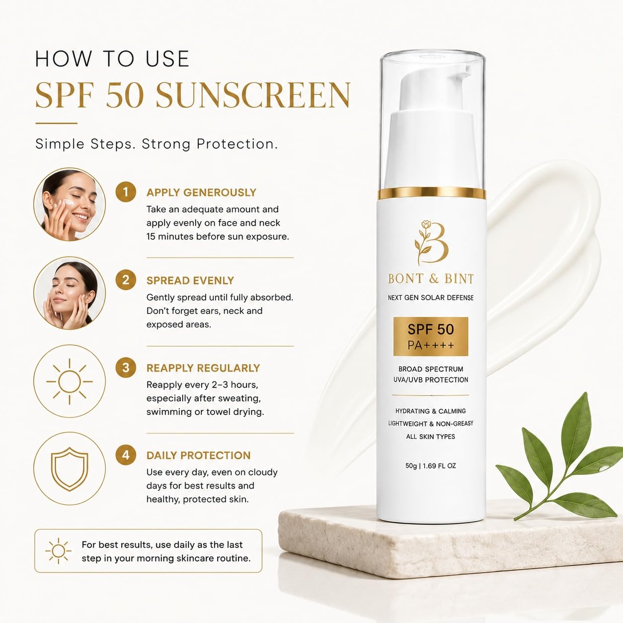 BONT & BINT SPF 50 PA++++ Sunscreen for Face & Body with Broad Spectrum UVA/UVB Protection, Lightweight Non-Greasy Formula for Daily Sun Care, 50g