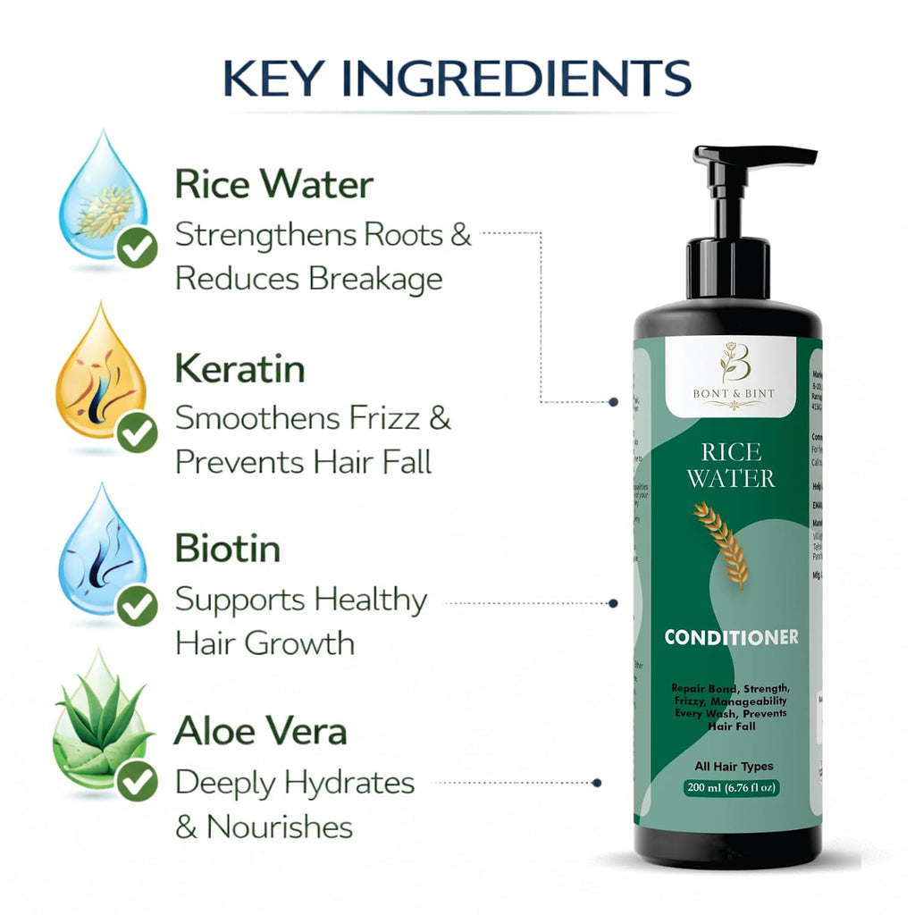 BONT & BINT Rice Water Conditioner for Frizzy & Dry Strands, Hydrating Formula for Strength, Smoothness & Manageability, Lightweight Daily Care for All Types, 200ml