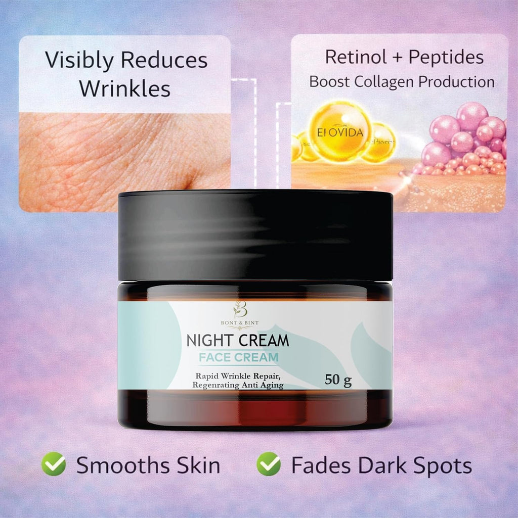 BONT & BINT Night Face Cream for Wrinkle Care & Skin Renewal, Hydrating Overnight Moisturizer for Smooth, Firm & Radiant Skin, Lightweight Anti Aging Night Cream for Daily Use, 50g