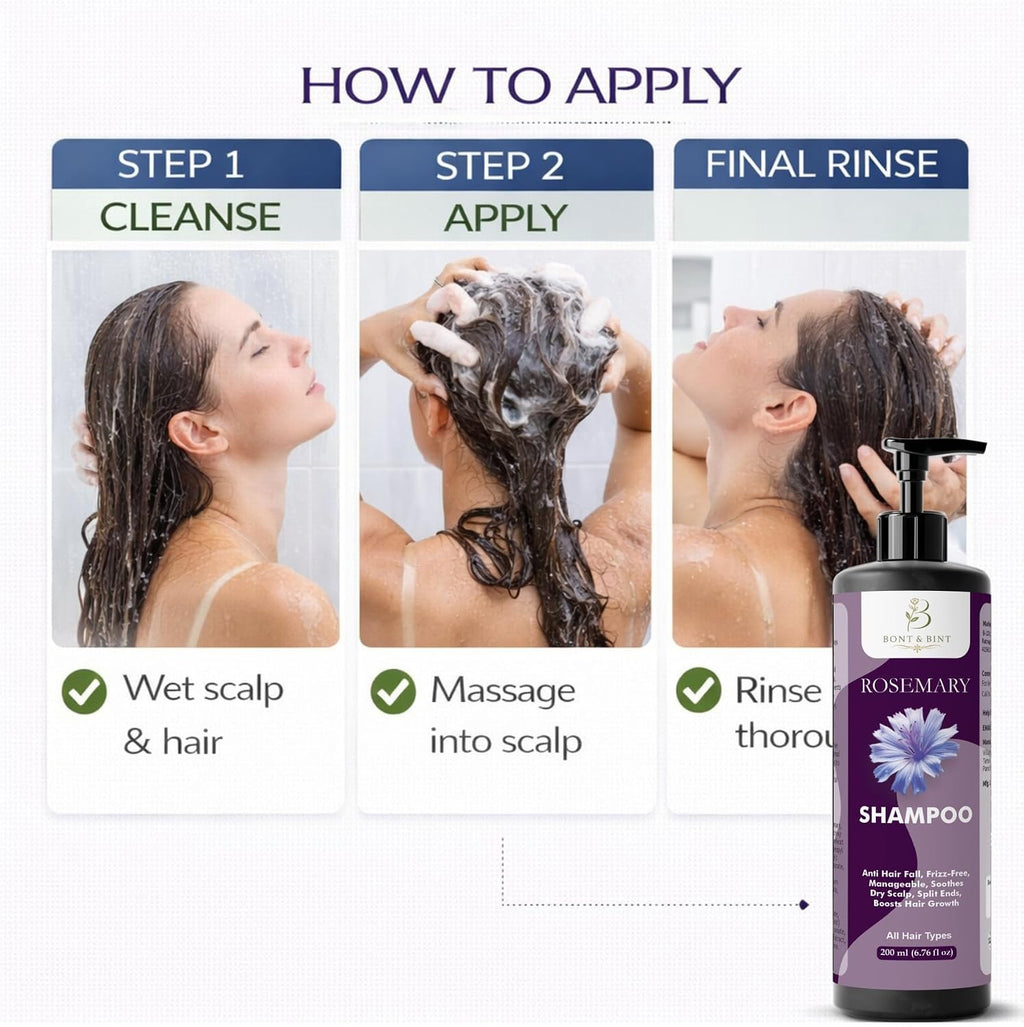 BONT & BINT Rosemary Shampoo for Frizz Control & Scalp Care, Gentle Cleansing Formula for Smoothness, Strength & Manageability, Daily Use for All Types, 200ml