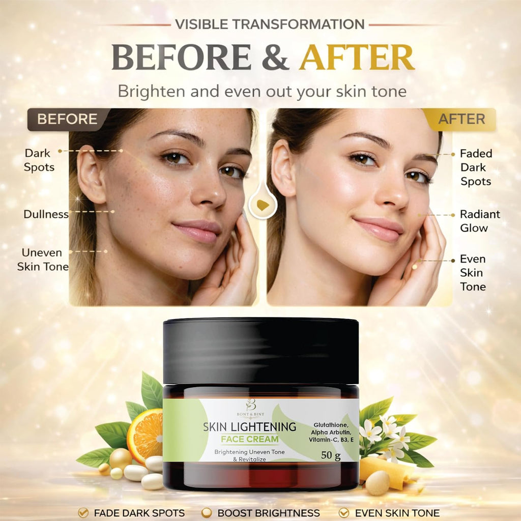 BONT & BINT Brightening Face Cream with Glutathione, Alpha Arbutin, Vitamin C, B3 & E, Hydrating Moisturizer for Uneven Skin Tone & Radiant Glow, Lightweight Daily Skincare, 50g