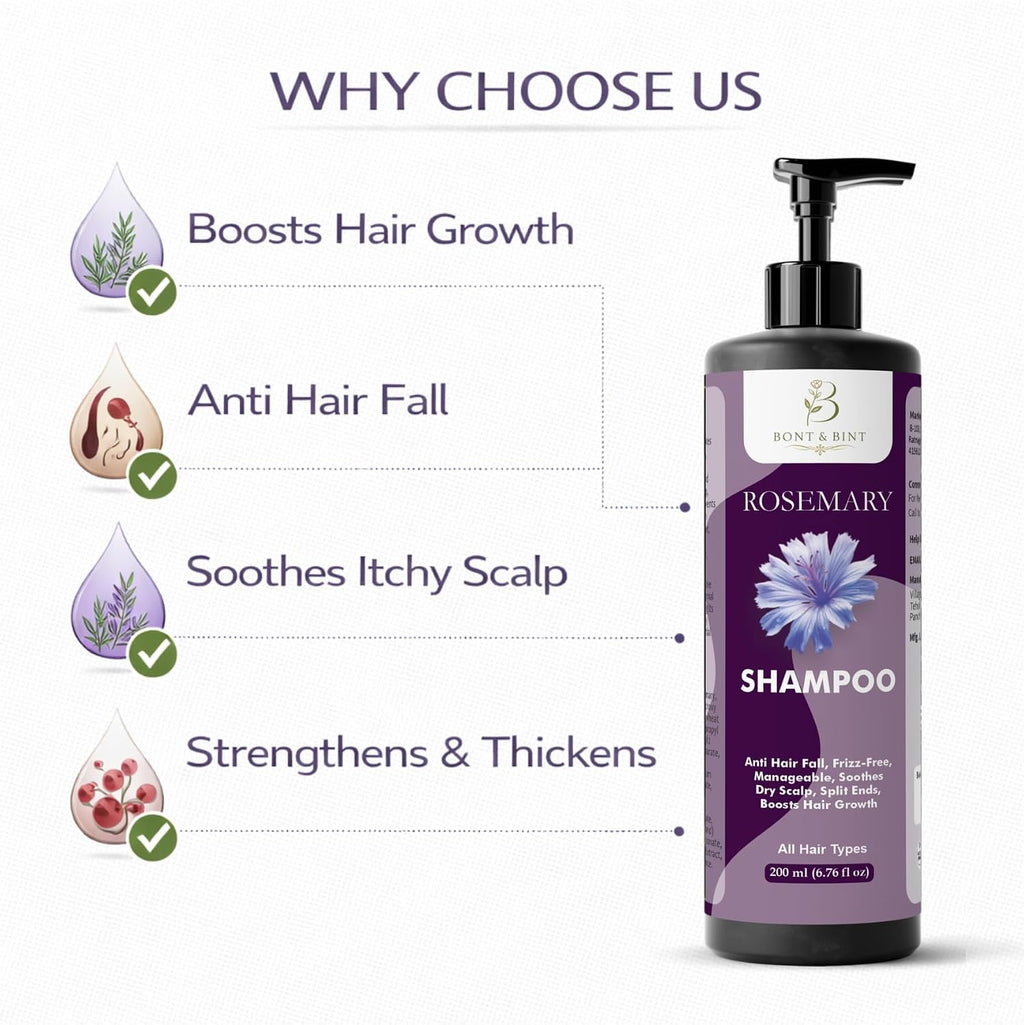BONT & BINT Rosemary Shampoo for Frizz Control & Scalp Care, Gentle Cleansing Formula for Smoothness, Strength & Manageability, Daily Use for All Types, 200ml