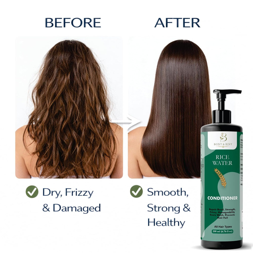 BONT & BINT Rice Water Conditioner for Frizzy & Dry Strands, Hydrating Formula for Strength, Smoothness & Manageability, Lightweight Daily Care for All Types, 200ml