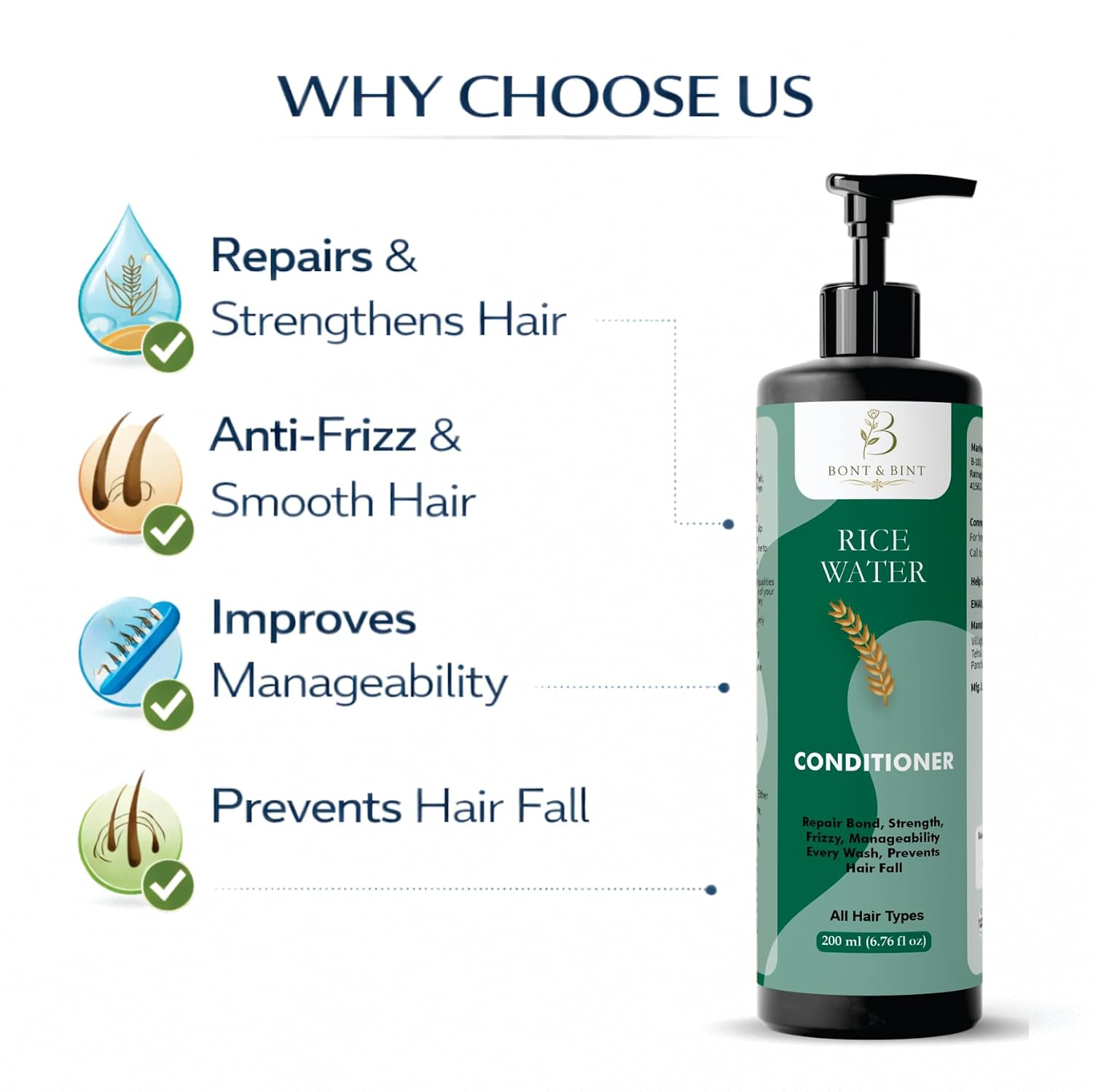 BONT & BINT Rice Water Conditioner for Frizzy & Dry Strands, Hydrating Formula for Strength, Smoothness & Manageability, Lightweight Daily Care for All Types, 200ml