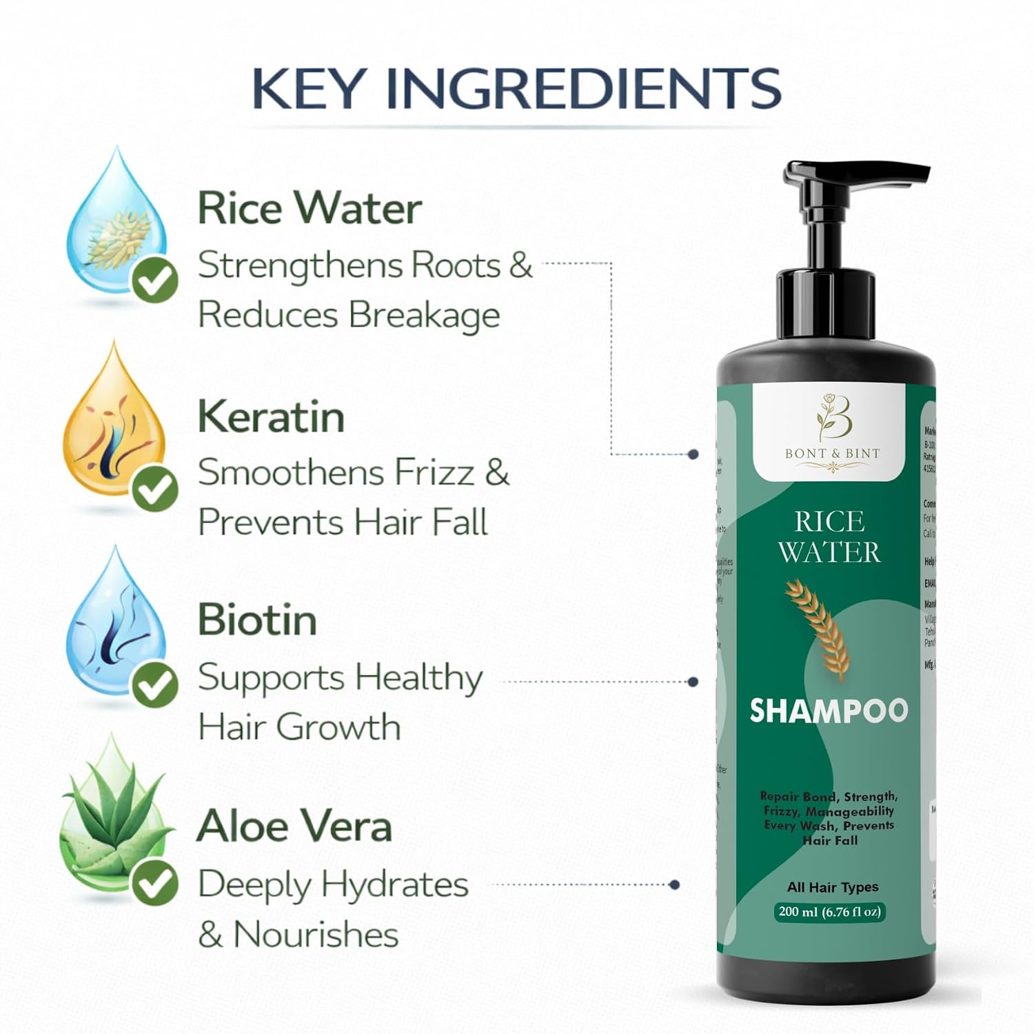 BONT & BINT Rice Water Shampoo for Frizzy & Dry Strands, Gentle Cleansing Formula for Strength, Smoothness & Shine, Daily Use Care for All Types, 200ml