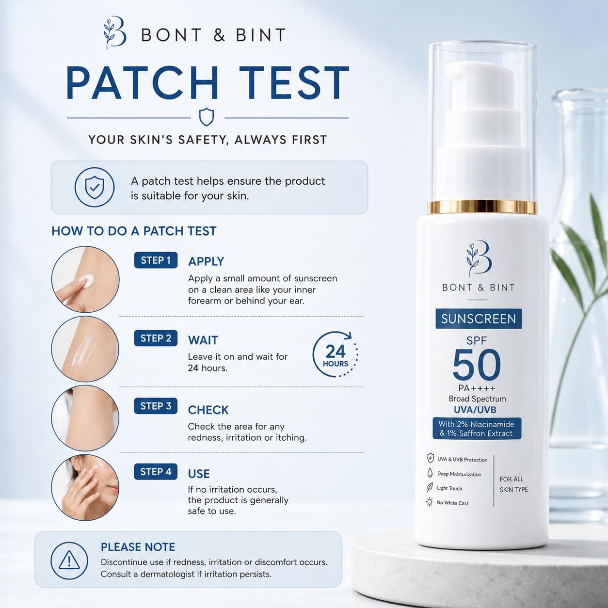 BONT & BINT Sunscreen SPF 50 PA++++ with 2% Niacinamide & 1% Saffron Extract | Broad Spectrum UVA/UVB Protection | Lightweight & Non-Greasy Formula | No White Cast | Daily Use Sunscreen for Men & Women (50g)