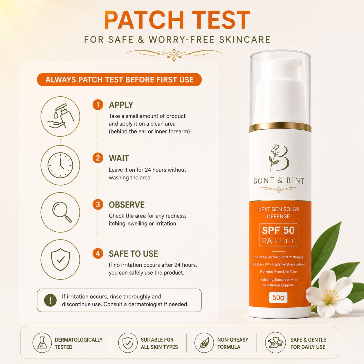 BONT & BINT SPF 50 PA++++ Sunscreen for Face & Body with Broad Spectrum UVA/UVB Protection, Lightweight Non-Greasy Formula for Daily Sun Care, 50g