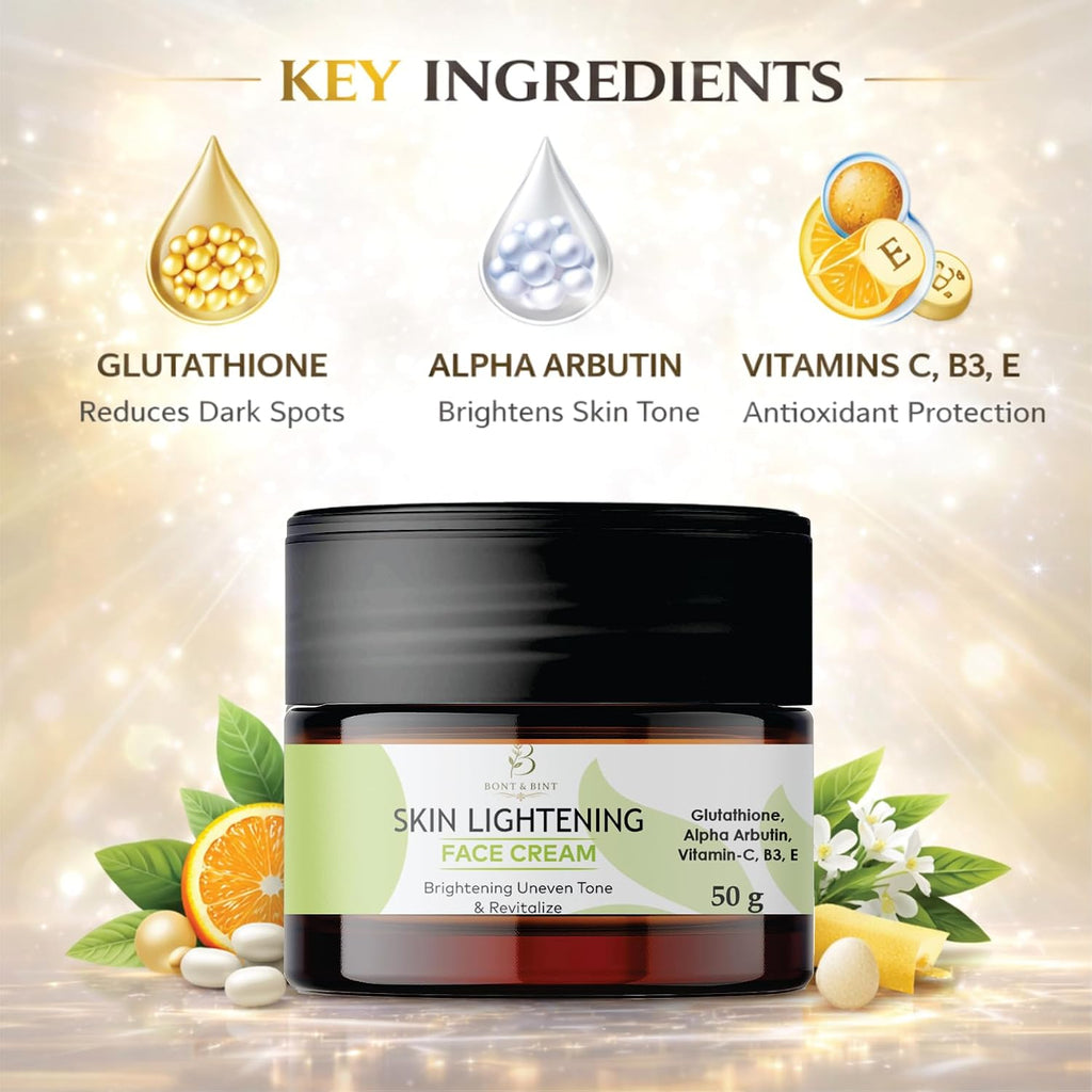 BONT & BINT Brightening Face Cream with Glutathione, Alpha Arbutin, Vitamin C, B3 & E, Hydrating Moisturizer for Uneven Skin Tone & Radiant Glow, Lightweight Daily Skincare, 50g