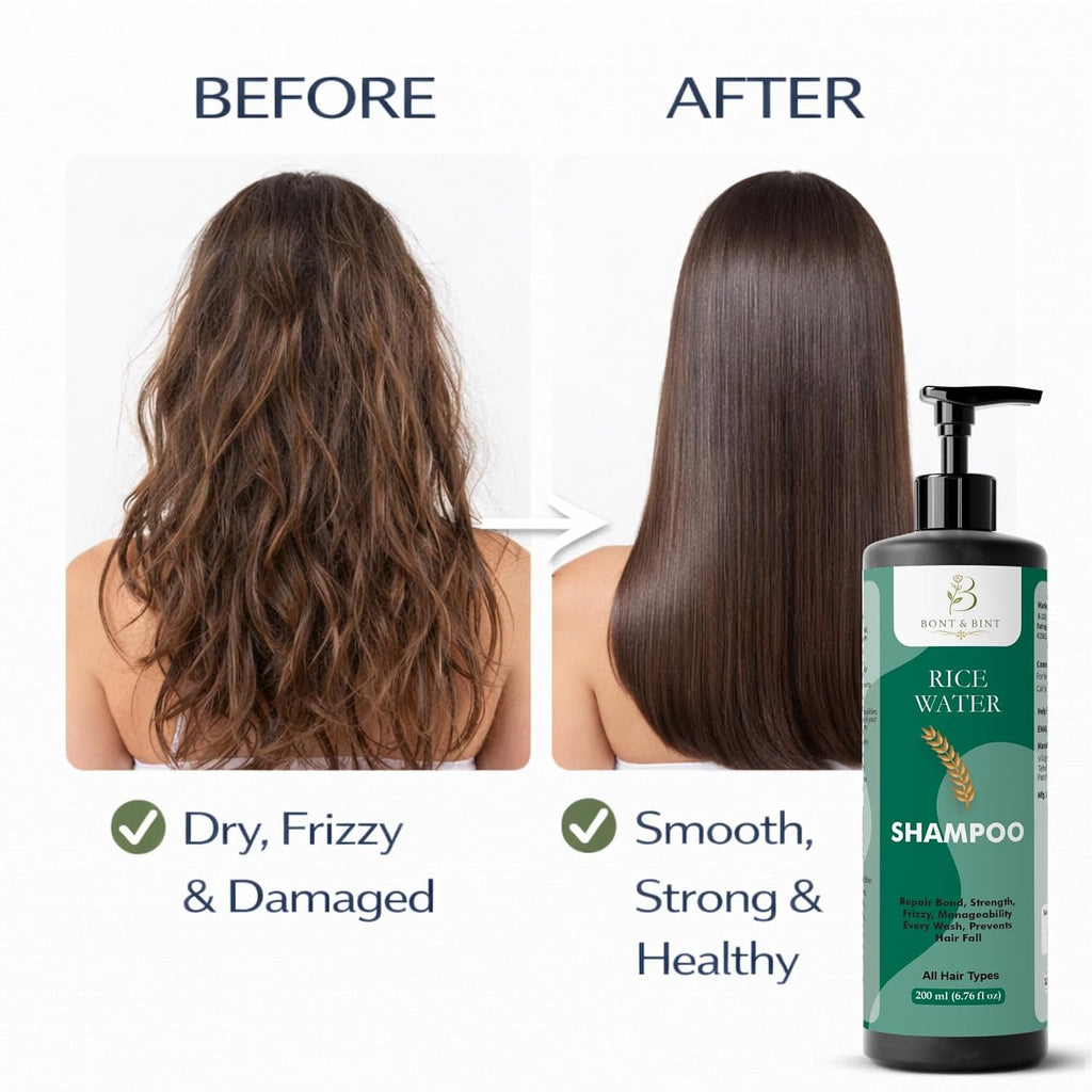 BONT & BINT Rice Water Shampoo for Frizzy & Dry Strands, Gentle Cleansing Formula for Strength, Smoothness & Shine, Daily Use Care for All Types, 200ml