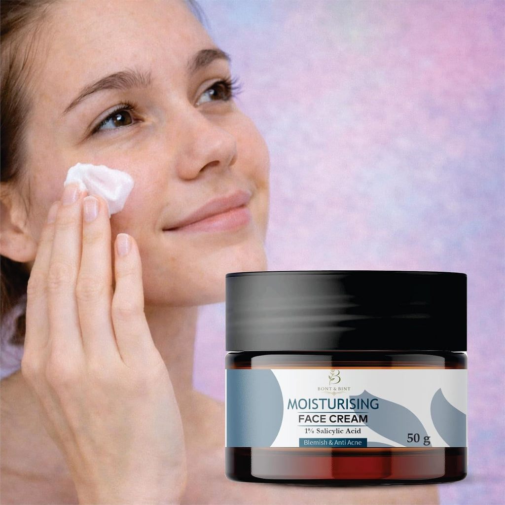 BONT & BINT Moisturising Face Cream with 1% Salicylic Acid for Blemish-Prone Skin, Lightweight Hydrating Anti Acne Face Moisturizer for Oil Control & Smooth Skin Texture, 50g