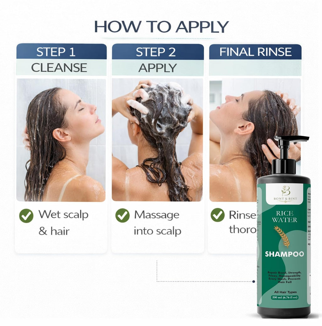 BONT & BINT Rice Water Shampoo for Frizzy & Dry Strands, Gentle Cleansing Formula for Strength, Smoothness & Shine, Daily Use Care for All Types, 200ml
