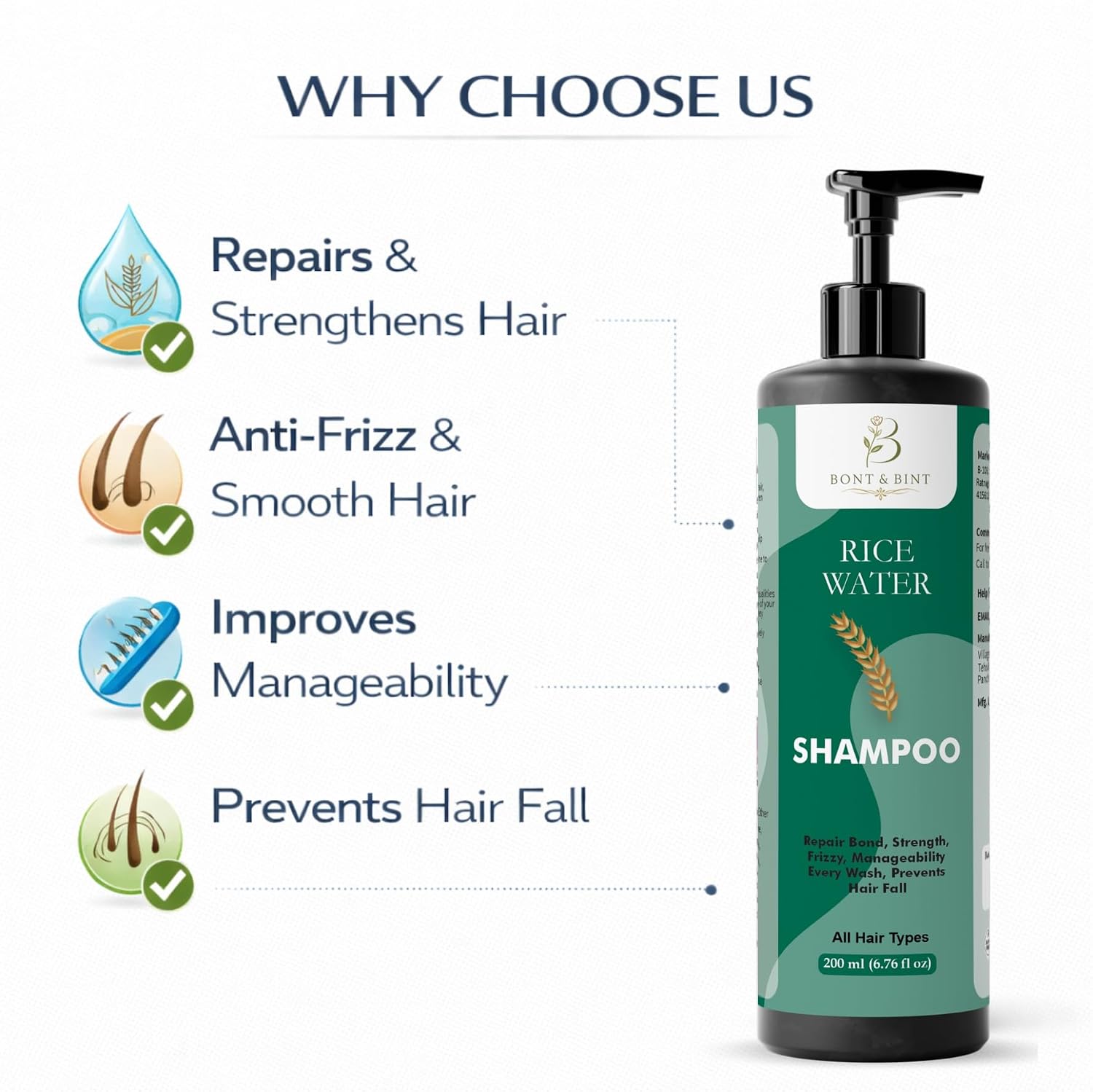 BONT & BINT Rice Water Shampoo for Frizzy & Dry Strands, Gentle Cleansing Formula for Strength, Smoothness & Shine, Daily Use Care for All Types, 200ml