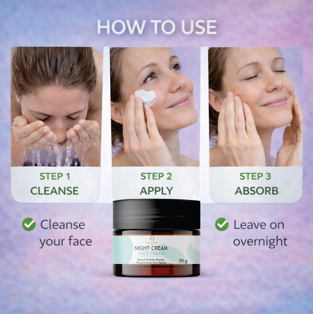 BONT & BINT Night Face Cream for Wrinkle Care & Skin Renewal, Hydrating Overnight Moisturizer for Smooth, Firm & Radiant Skin, Lightweight Anti Aging Night Cream for Daily Use, 50g