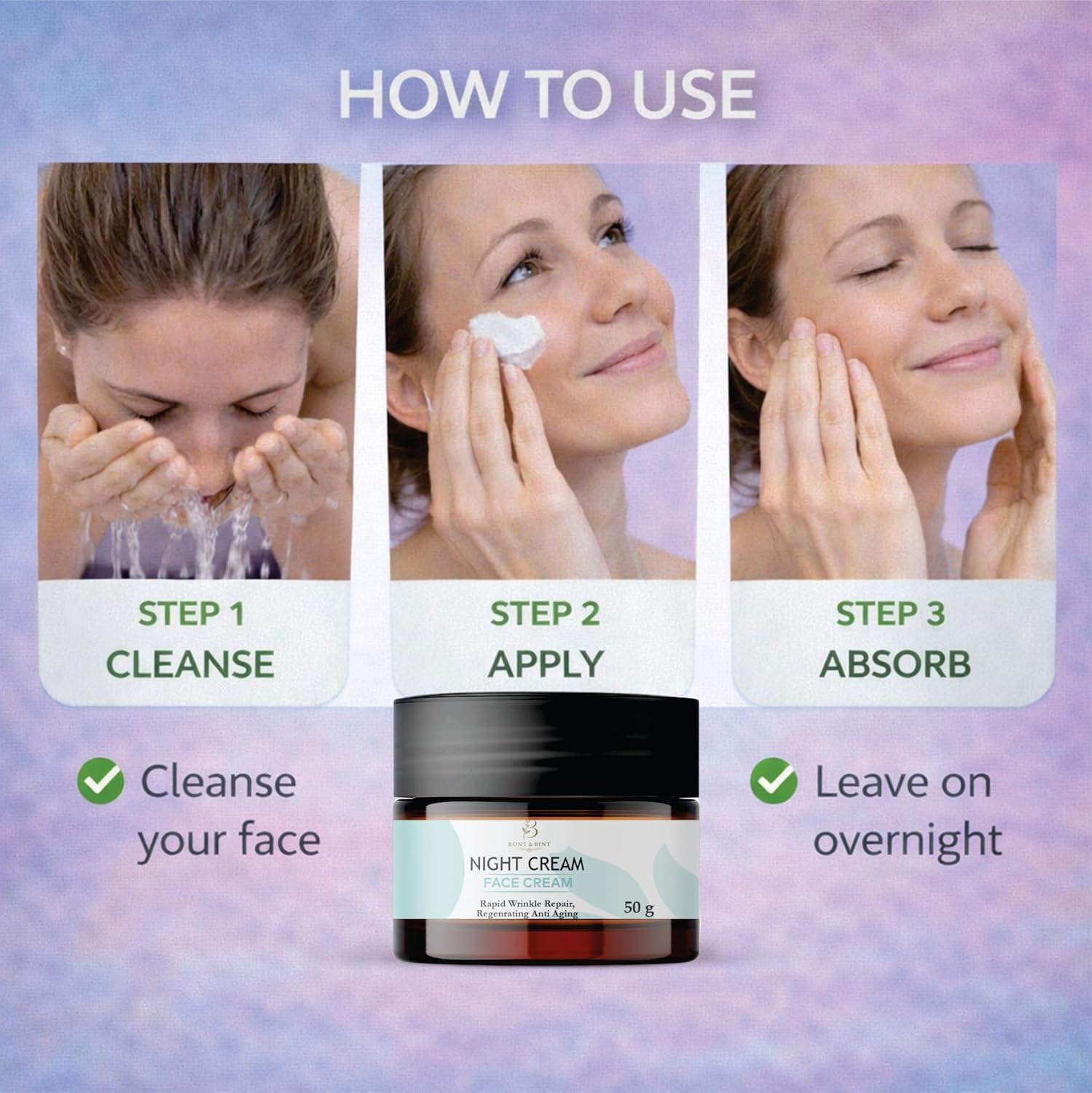 BONT & BINT Night Face Cream for Wrinkle Care & Skin Renewal, Hydrating Overnight Moisturizer for Smooth, Firm & Radiant Skin, Lightweight Anti Aging Night Cream for Daily Use, 50g