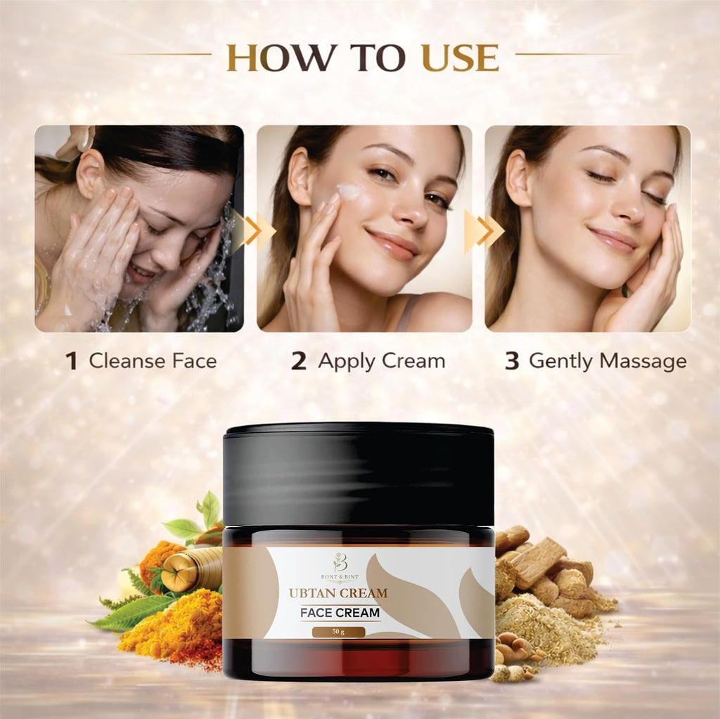 BONT & BINT Ubtan Face Cream for Brightening & Smooth Skin, Hydrating Daily Moisturizer for Uneven Tone & Dull Skin, Lightweight Herbal Inspired Face Cream for Radiant Glow, 50g