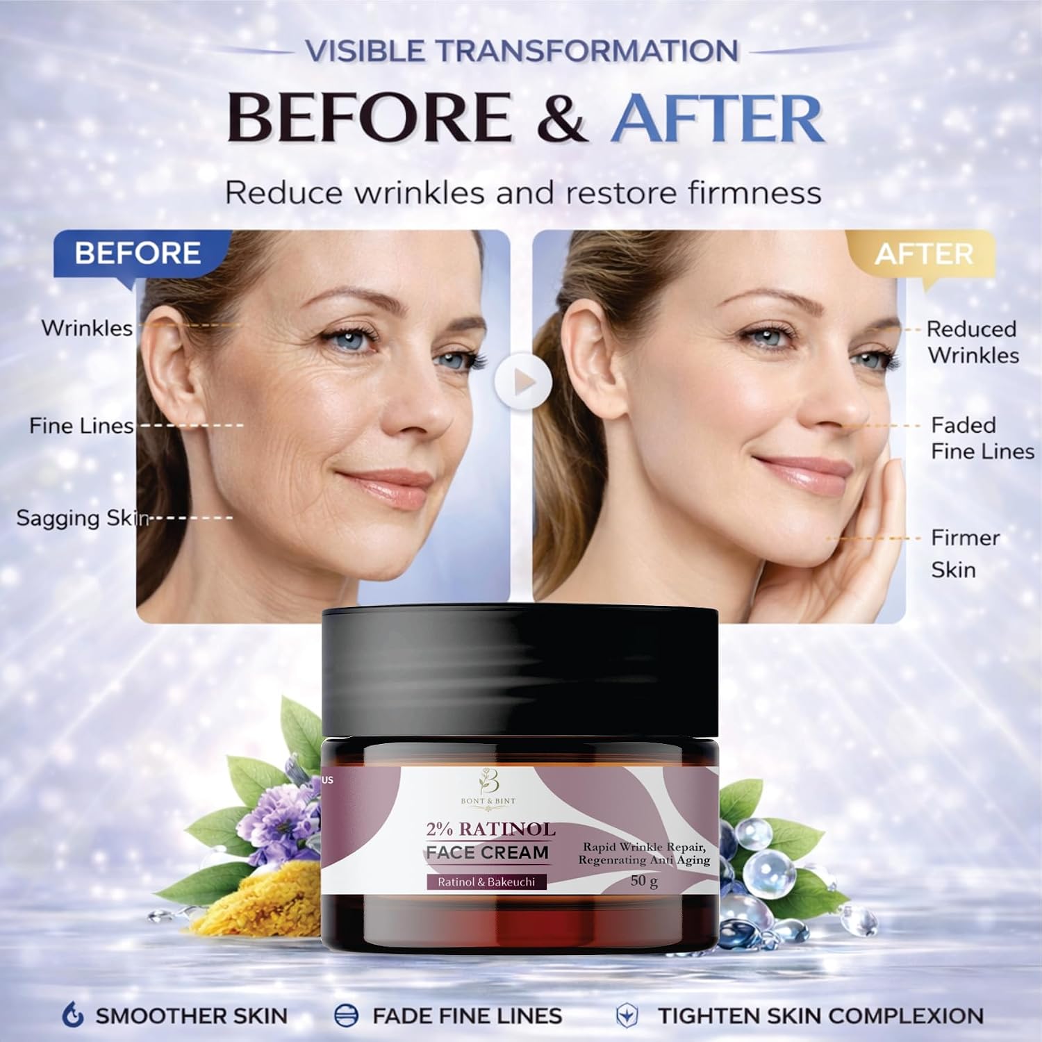 BONT & BINT 0.2% Retinol Face Cream with Bakuchiol for Wrinkle Care & Skin Renewal, Hydrating Anti Aging Night Moisturizer for Smooth, Firm & Radiant Skin, Lightweight Cream, 50g