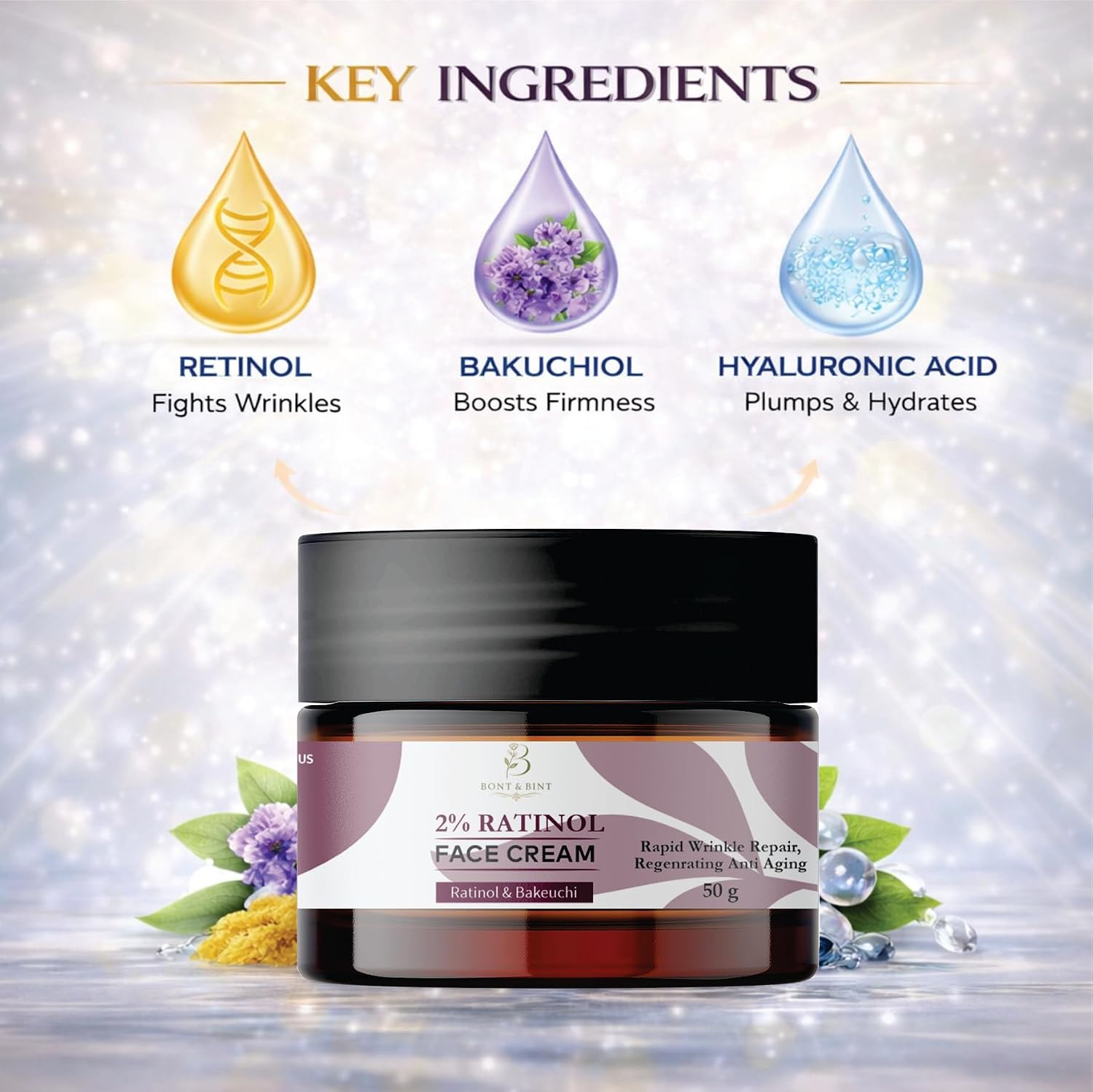 BONT & BINT 0.2% Retinol Face Cream with Bakuchiol for Wrinkle Care & Skin Renewal, Hydrating Anti Aging Night Moisturizer for Smooth, Firm & Radiant Skin, Lightweight Cream, 50g