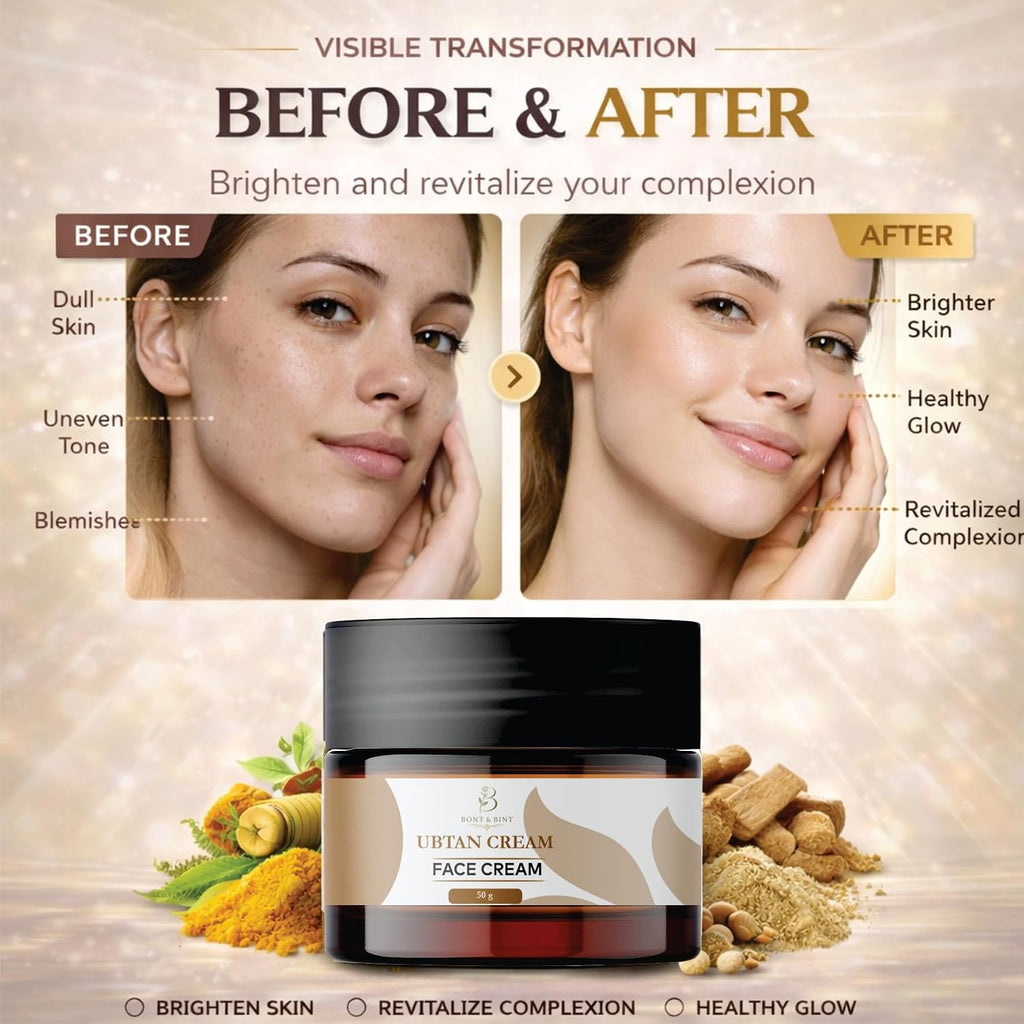 BONT & BINT Ubtan Face Cream for Brightening & Smooth Skin, Hydrating Daily Moisturizer for Uneven Tone & Dull Skin, Lightweight Herbal Inspired Face Cream for Radiant Glow, 50g