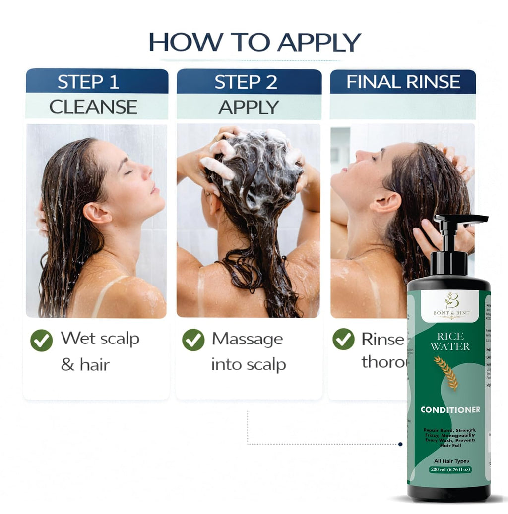 BONT & BINT Rice Water Conditioner for Frizzy & Dry Strands, Hydrating Formula for Strength, Smoothness & Manageability, Lightweight Daily Care for All Types, 200ml