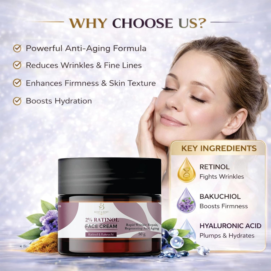 BONT & BINT 0.2% Retinol Face Cream with Bakuchiol for Wrinkle Care & Skin Renewal, Hydrating Anti Aging Night Moisturizer for Smooth, Firm & Radiant Skin, Lightweight Cream, 50g