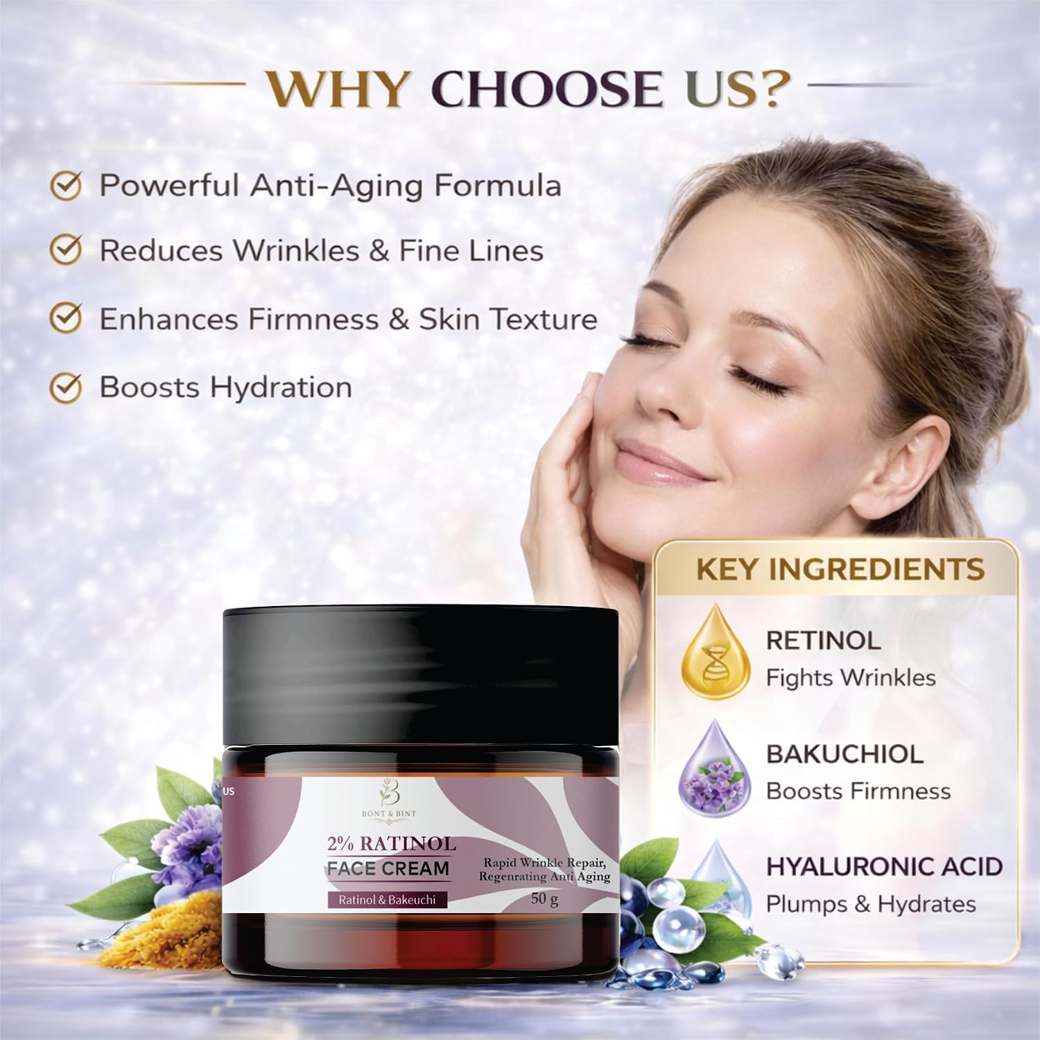 BONT & BINT 0.2% Retinol Face Cream with Bakuchiol for Wrinkle Care & Skin Renewal, Hydrating Anti Aging Night Moisturizer for Smooth, Firm & Radiant Skin, Lightweight Cream, 50g