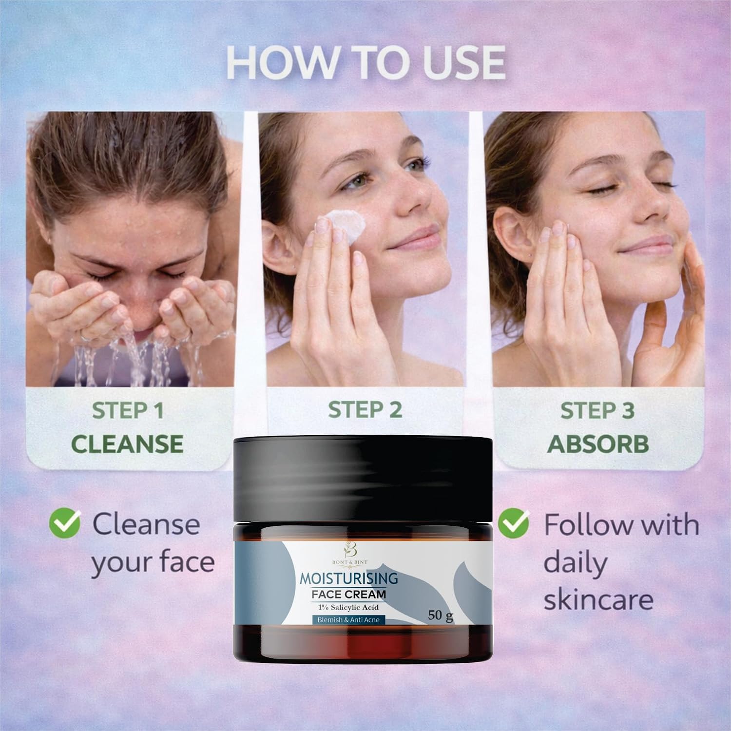 BONT & BINT Moisturising Face Cream with 1% Salicylic Acid for Blemish-Prone Skin, Lightweight Hydrating Anti Acne Face Moisturizer for Oil Control & Smooth Skin Texture, 50g