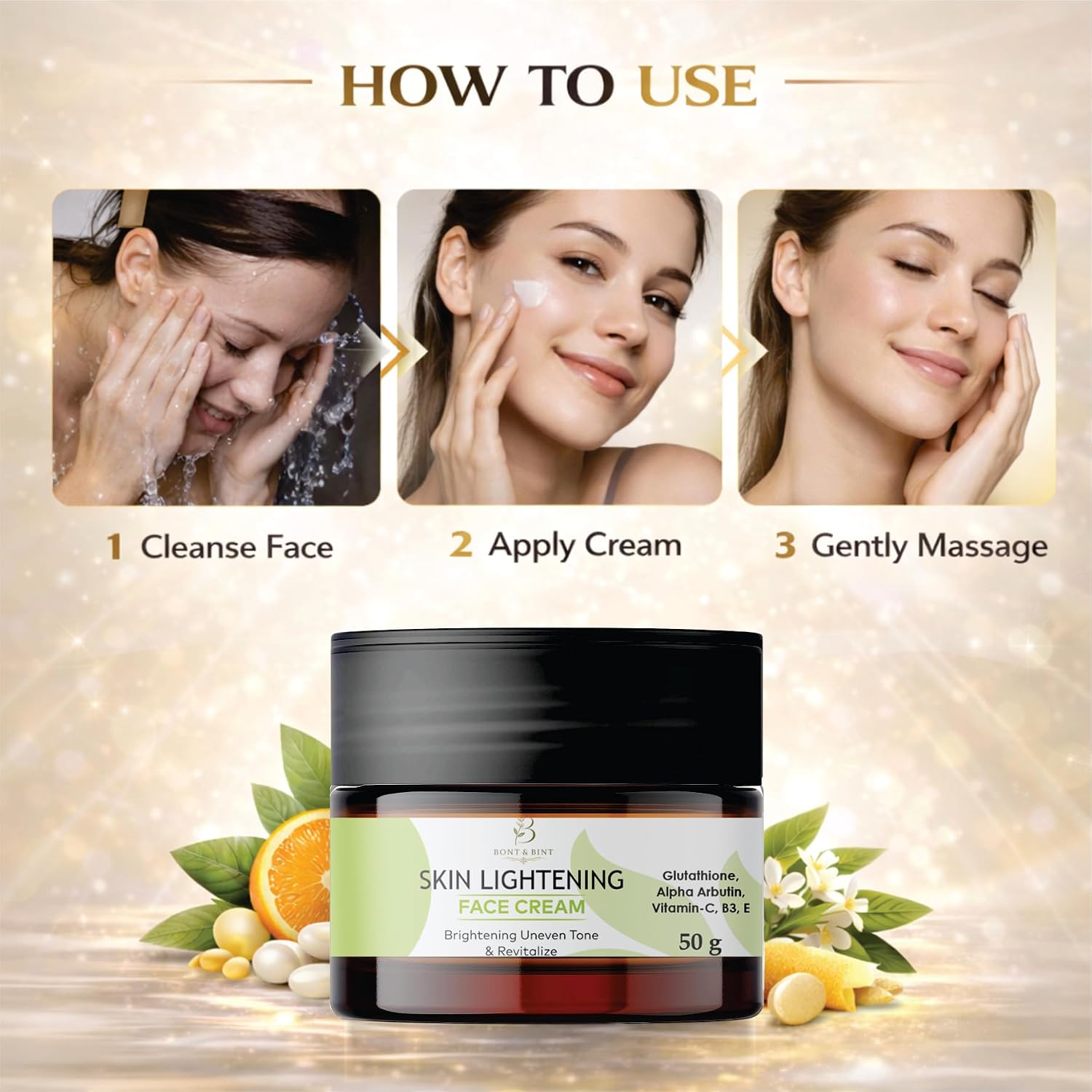 BONT & BINT Brightening Face Cream with Glutathione, Alpha Arbutin, Vitamin C, B3 & E, Hydrating Moisturizer for Uneven Skin Tone & Radiant Glow, Lightweight Daily Skincare, 50g