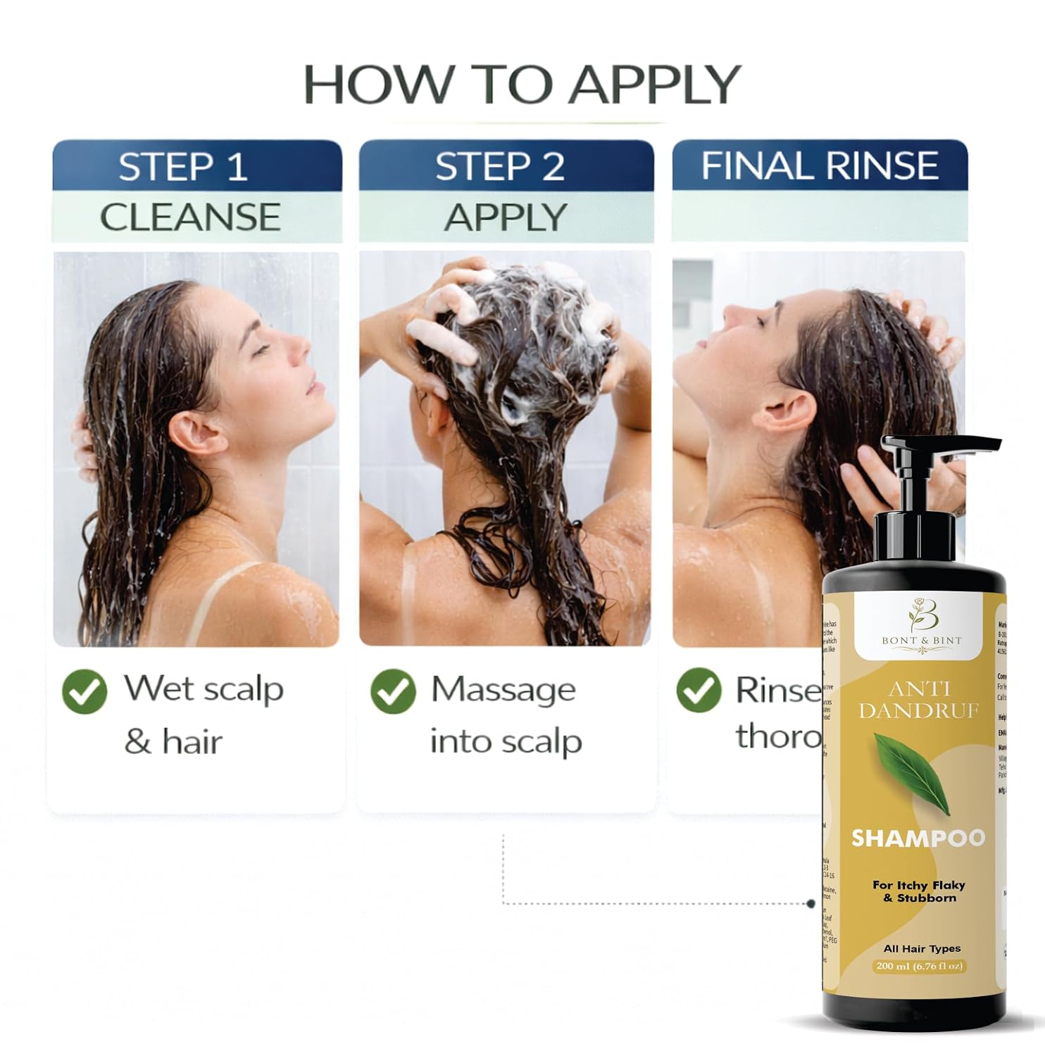 BONT & BINT Anti Dandruff Shampoo for Itchy & Flaky Scalp, Cleansing Formula for Freshness, Smoothness & Scalp Care, Daily Use for All Hair Types, 200ml