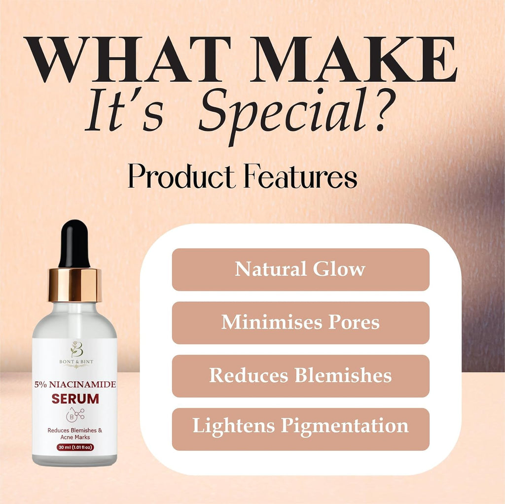 BONT & BINT 5% Niacinamide Face Serum for Blemish-Prone Skin & Uneven Tone, Lightweight Oil Control & Pore Minimizing Serum for Smooth Texture & Radiant Skin, 30ml