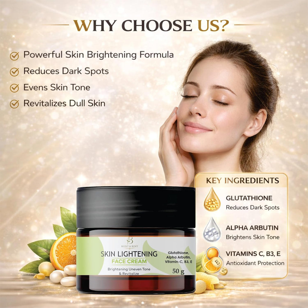 BONT & BINT Brightening Face Cream with Glutathione, Alpha Arbutin, Vitamin C, B3 & E, Hydrating Moisturizer for Uneven Skin Tone & Radiant Glow, Lightweight Daily Skincare, 50g